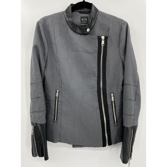 ARMANI EXCHANGE Gray Black Houndstooth Faux Vegan Leather Full Zip Jacket Size L - Picture 1 of 10